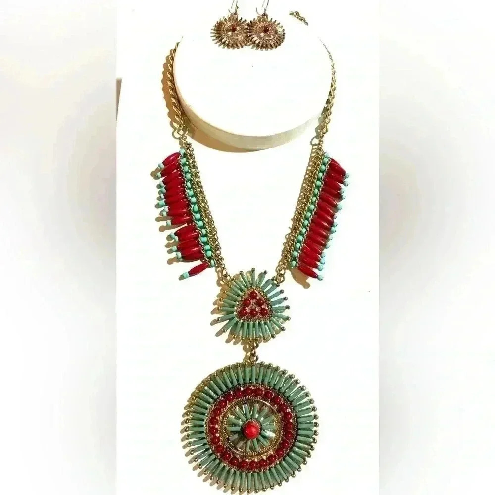 Lataisa medallion set necklace & earrings multicolors gold brass boho tribal